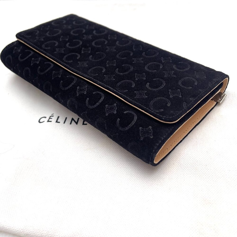 Celine vintage Black Suede Macadam Monogram Comtinental wallet